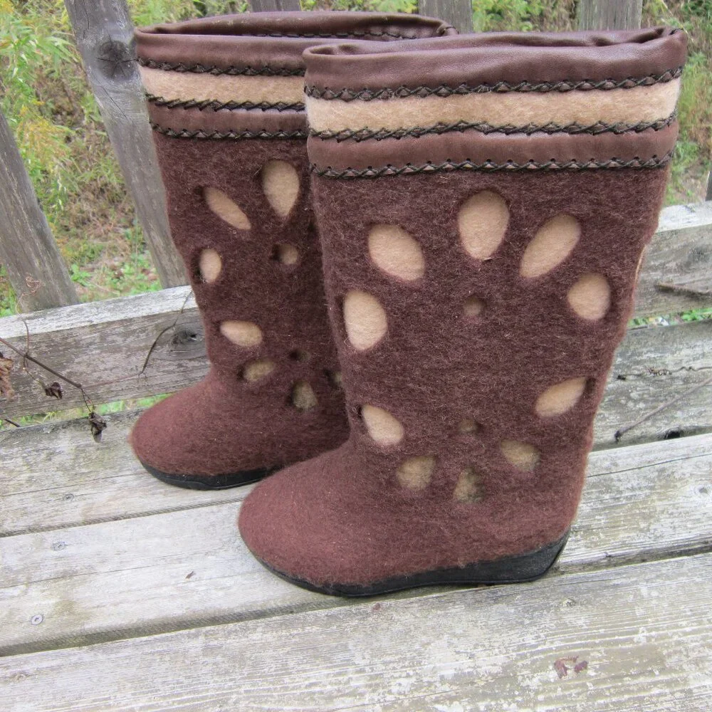 Women's Handmade Wool Boots Size 6.5/ 37 EU Latex-Free Brown Warm Boots Flower